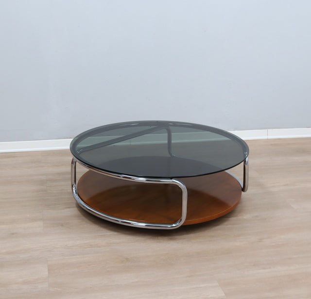 Large 1970s Italian round coffee table chrome teak smoked glass. Table basse ronde chrome teck verre fumé. Runder Couchtisch Chrom Teak.