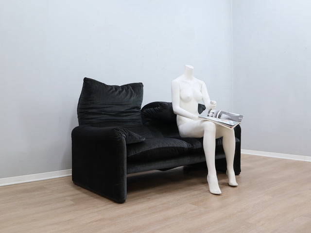 Maralunga 2-seater sofa by Vico Magistretti Cassina canapè vintage 80s, blue/green striped velvet zabytkowa sofa