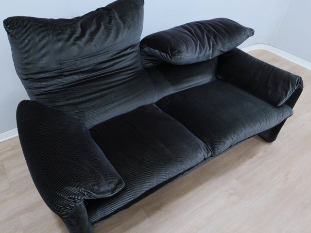 Maralunga 2-seater sofa by Vico Magistretti Cassina canapè vintage 80s, blue/green striped velvet zabytkowa sofa