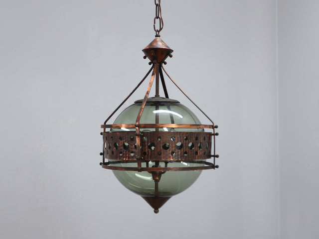 1970s Brutalist pendant lamp in copper and blown green glass