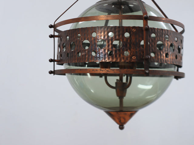 1970s Brutalist pendant lamp in copper and blown green glass