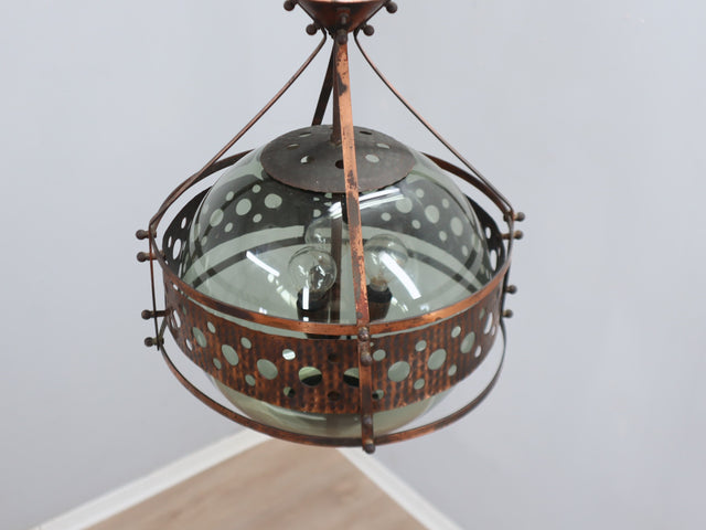 1970s Brutalist pendant lamp in copper and blown green glass