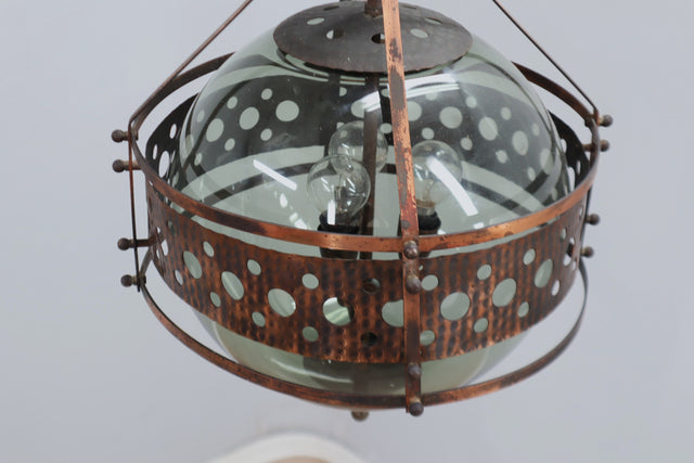 1970s Brutalist pendant lamp in copper and blown green glass