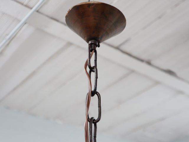 1970s Brutalist pendant lamp in copper and blown green glass
