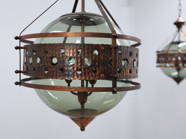 1970s Brutalist pendant lamp in copper and blown green glass