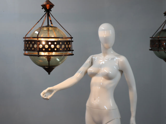 1970s Brutalist pendant lamp in copper and blown green glass