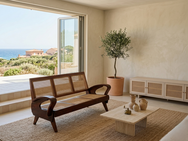 3-seater vintage Danish mid-century modern sofa teak wood frame and cane Canapé vintage 3 places de tructure en bois de teck sculpté avec rotin tressé