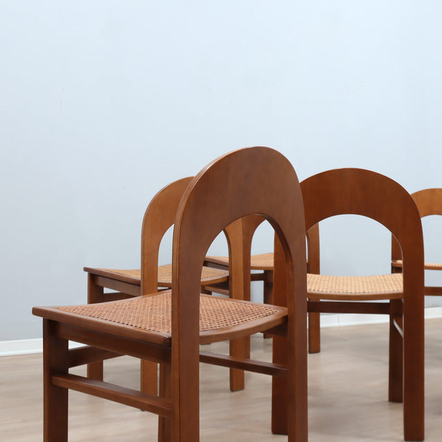Set of 6 1970s Italian dining chairs by Adalberto Caraceni for Tagliabue in walnut plywood and Vienna straw.