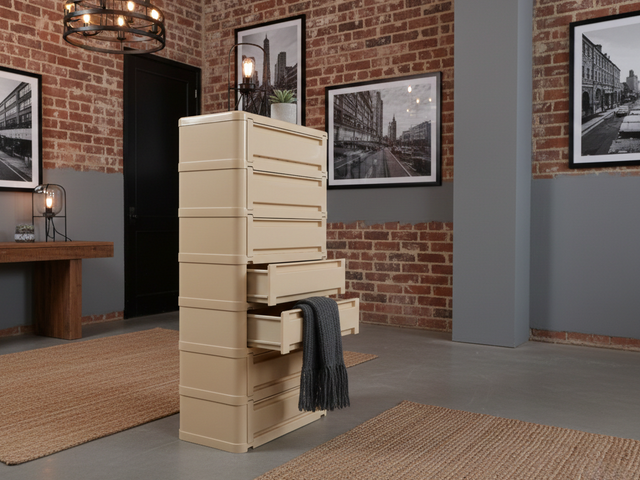 Vintage Kartell 4963 Settimino by Olaf Von Bohr: 7-drawer modular tallboy, cream plastic, 1970s Space Age design. Cassettiera modulare italiana beige.