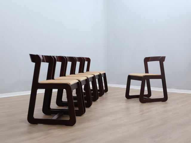 Six 1970s Italian mahogany chairs with golden velvet seats; chaises en acajou et velours; sedie vintage in mogano e velluto; Mahagoni Samt Stühle.