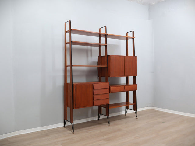 Mid century modular teak bookcase with bar unit, Italy 1950s