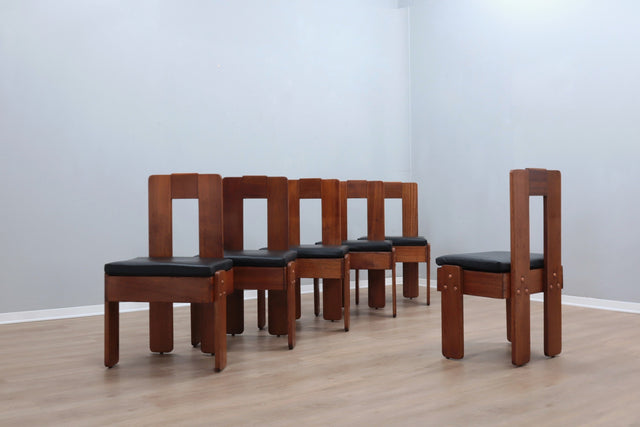 Set of 6 Brutalist solid wood chairs, Italy 1960s