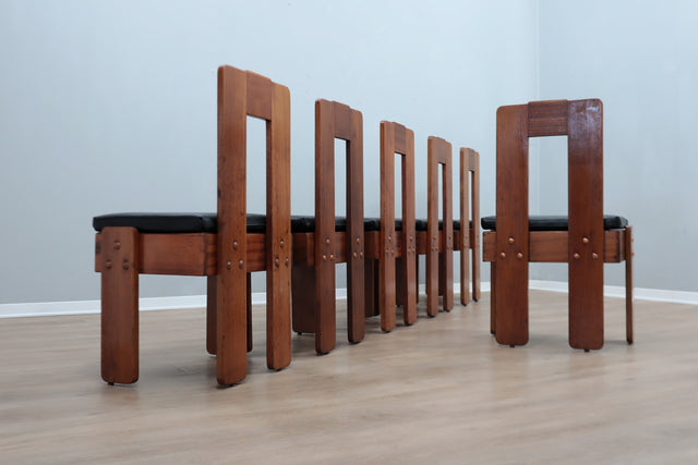 Set of 6 Brutalist solid wood chairs, Italy 1960s