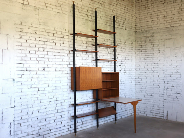 1950s Italian modular bookcase with teak folding desk and cabinet — mid-century modern wall unit