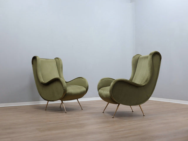 Pair of 1950s Senior Zanuso style Green Velvet Armchairs Poltrone anni 50 Grüne Zanuso Sessel Fauteuils Italian Mid-Century