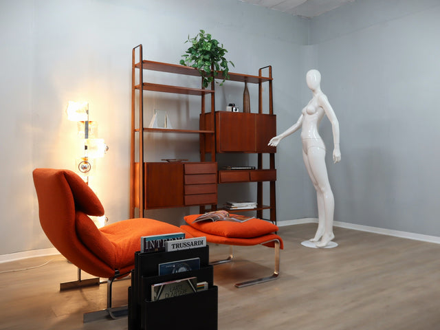 Mid century modular teak bookcase with bar unit, Italy 1950s