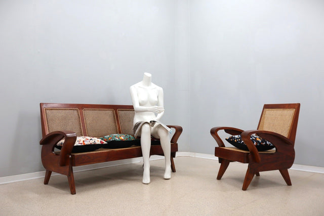 Mid century teak wood and Vienna straw armchair 1950s