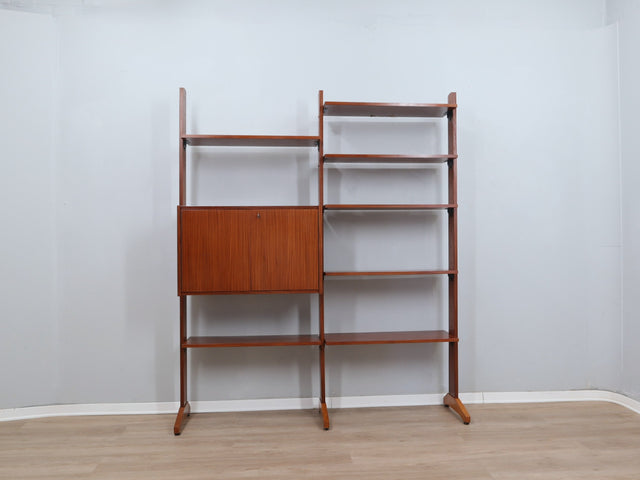 1950s teak modular wall unit: self-supporting bookcase & bar cabinet, bibliothèque en teck, Teak Regalsystem, librería modular, mobile bar vintage.