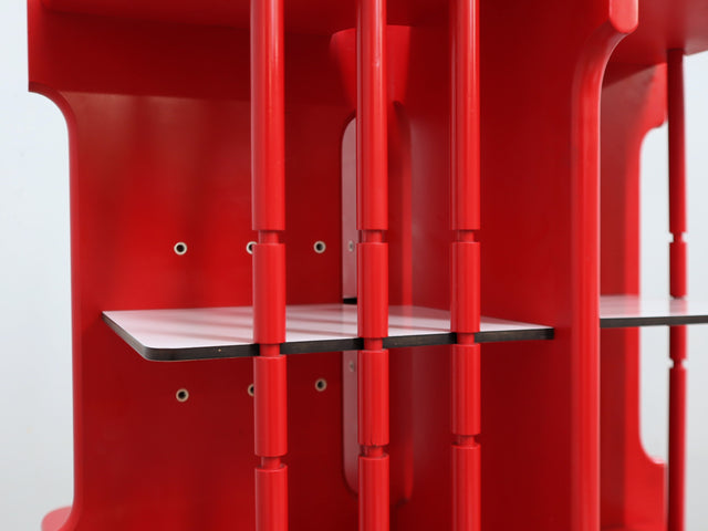 Modular Italian red lacquered solid wood bookshelf, 1960s
