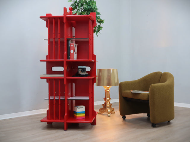 Modular Italian red lacquered solid wood bookshelf, 1960s