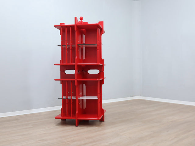 Modular Italian red lacquered solid wood bookshelf, 1960s