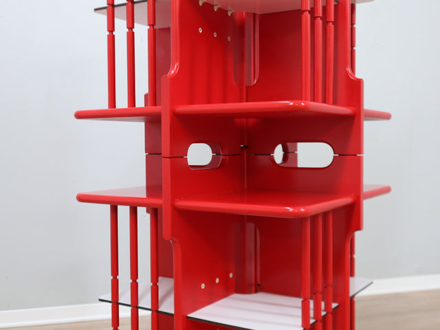 Modular Italian red lacquered solid wood bookshelf, 1960s