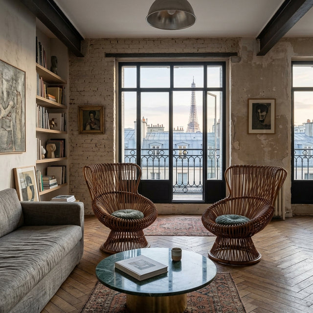 1950s Franco Albini Margherita rattan armchairs by Bonacina. Paire fauteuils Margherita en rotin 50s. Franco Albini Margherita Rattan Sessel.