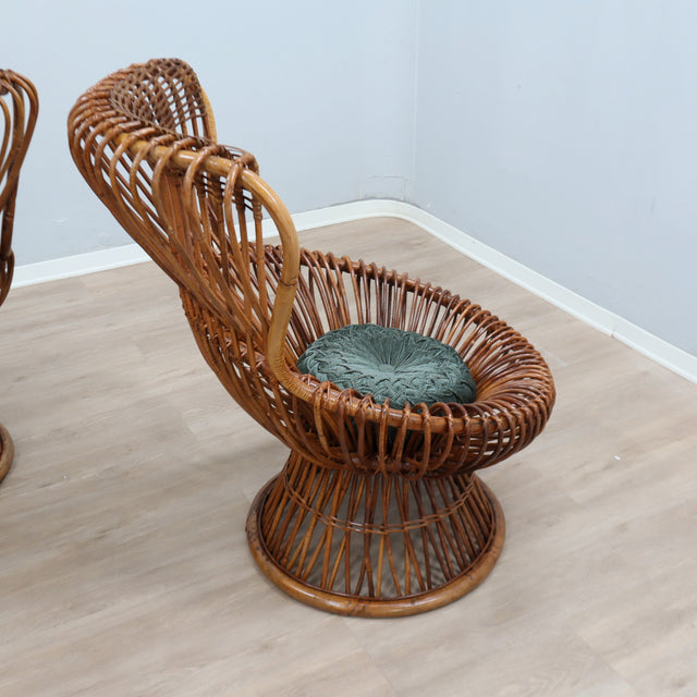1950s Franco Albini Margherita rattan armchairs by Bonacina. Paire fauteuils Margherita en rotin 50s. Franco Albini Margherita Rattan Sessel.