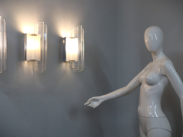 Set of 3 Italian chrome and acrylic blades wall sconces 1970s