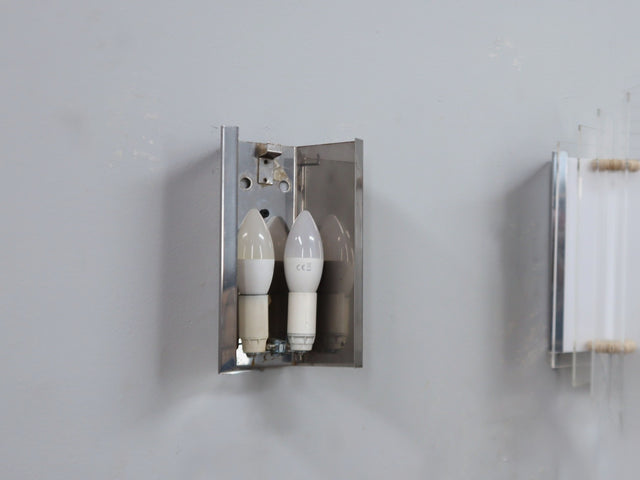 Set of 3 Italian chrome and acrylic blades wall sconces 1970s