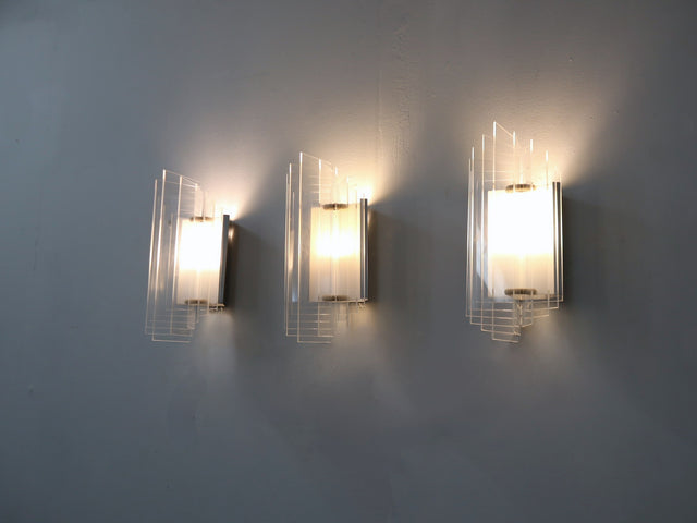 Set of 3 Italian chrome and acrylic blades wall sconces 1970s