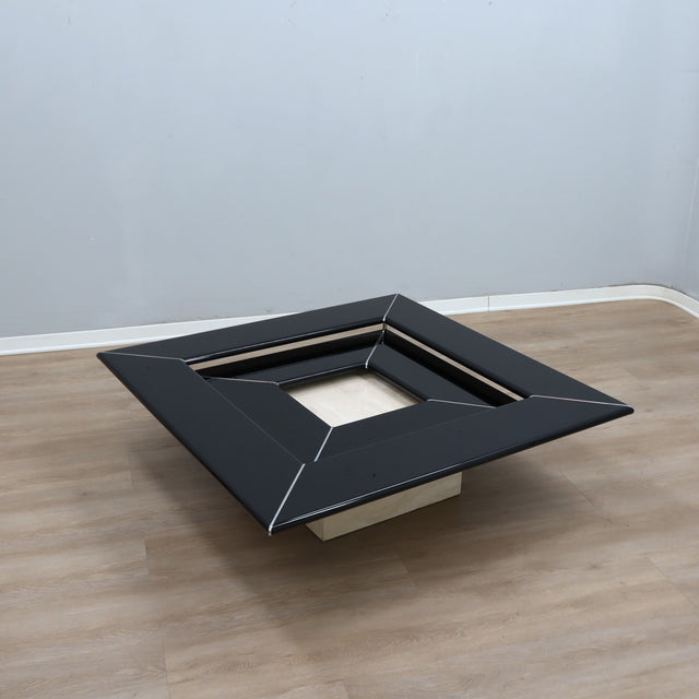 1980s Paolo Piva Re Quadro coffee table for B&B Italia gloss top and travertine marble Table basse des années 1980 en laminé noir et socle en travertin