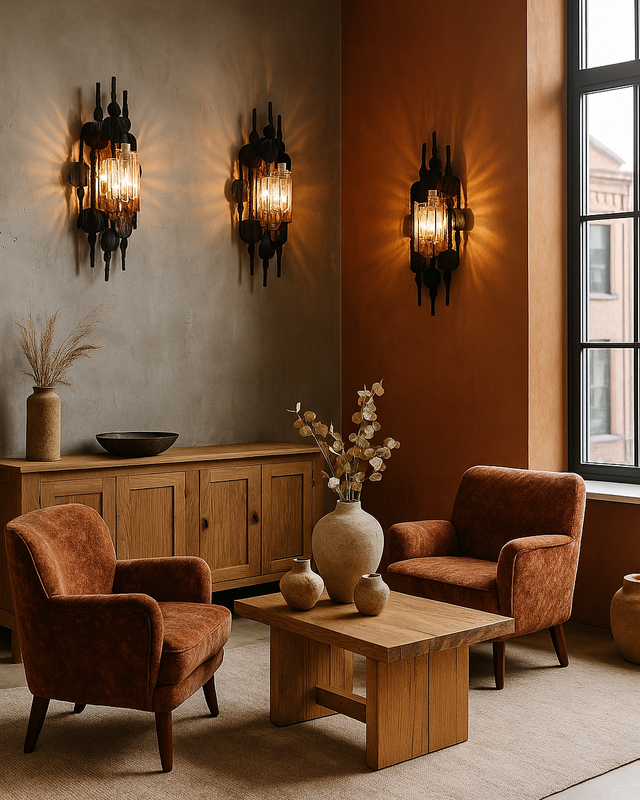 Set of iluminación escultórica e brutalist vintage sconces. Appliques murales brutalistes perfette per brutalist home decoration e diseño brutalista vintage.