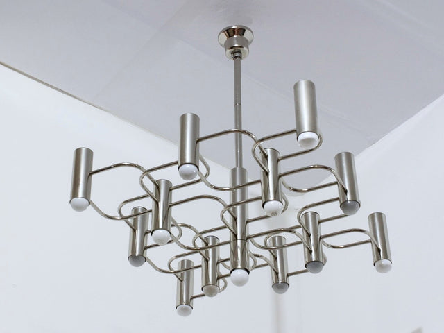 Sciolari chrome modernist design chandelier, Italy 1970s