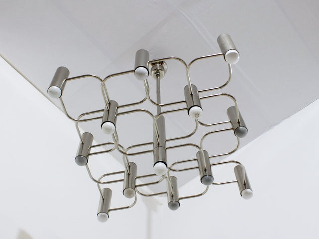 Sciolari chrome modernist design chandelier, Italy 1970s