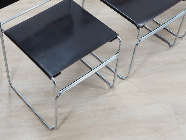 Set of 4 1970s Giovanni Carini Libellula Cantilever chairs for Planula in chromed steel and brown leather. Set 4 sedie Libellula Carini. Chaises Cantilever italiennes cuir.