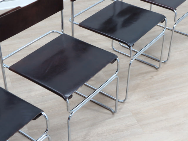 Set of 4 1970s Giovanni Carini Libellula Cantilever chairs for Planula in chromed steel and brown leather. Set 4 sedie Libellula Carini. Chaises Cantilever italiennes cuir.
