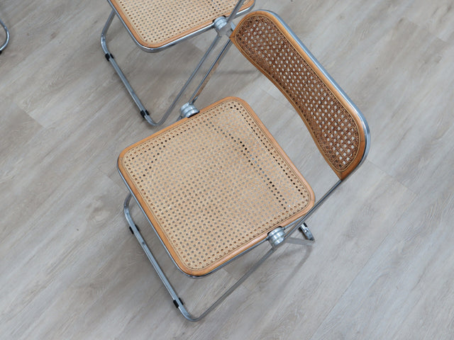 Set 4 sedie Plia Castelli Vienna straw folding chairs, chaises plianti vintage en cannage, Wiener Geflecht Design, rejilla de Viena y cromo.