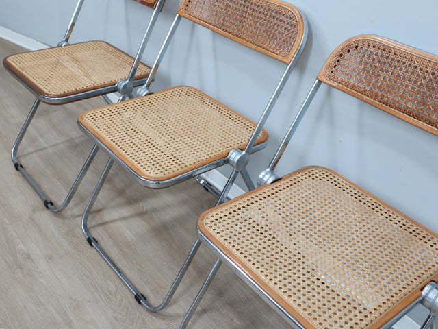 Set 4 sedie Plia Castelli Vienna straw folding chairs, chaises plianti vintage en cannage, Wiener Geflecht Design, rejilla de Viena y cromo.