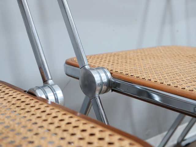 Set 4 sedie Plia Castelli Vienna straw folding chairs, chaises plianti vintage en cannage, Wiener Geflecht Design, rejilla de Viena y cromo.