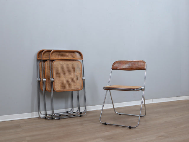 Set 4 sedie Plia Castelli Vienna straw folding chairs, chaises plianti vintage en cannage, Wiener Geflecht Design, rejilla de Viena y cromo.
