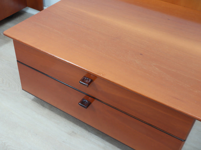 Pair of original 1970s Stildomus bedside tables, crafted in solid walnut, these pieces showcase the clean, geometric lines typical of Italian design in the 1970s.
