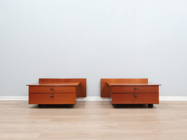 Pair of original 1970s Stildomus bedside tables, crafted in solid walnut, these pieces showcase the clean, geometric lines typical of Italian design in the 1970s.