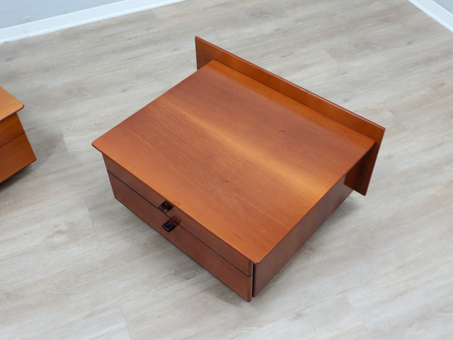 Pair of original 1970s Stildomus bedside tables, crafted in solid walnut, these pieces showcase the clean, geometric lines typical of Italian design in the 1970s.