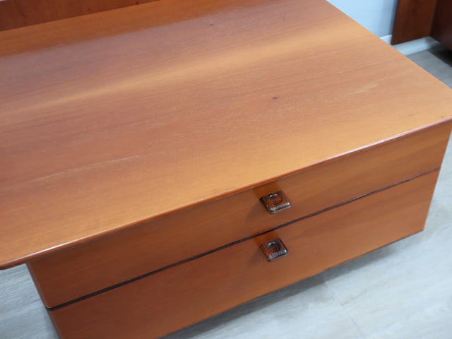 Pair of original 1970s Stildomus bedside tables, crafted in solid walnut, these pieces showcase the clean, geometric lines typical of Italian design in the 1970s.