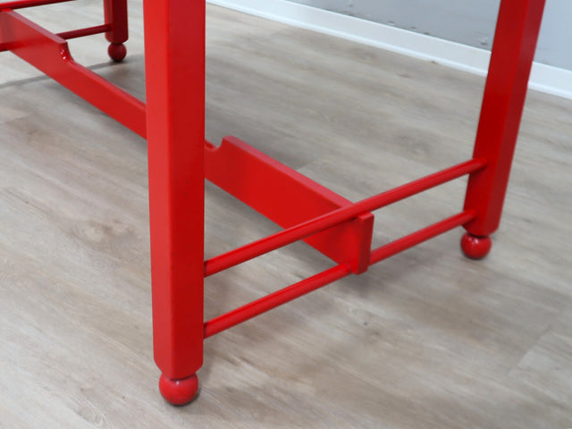 Italian writing desk Cortina series from late 1960s, featuring a distinctive minimal rustic design with clean lines and decorative rounded finials. Its generous proportions and well-conceived structure