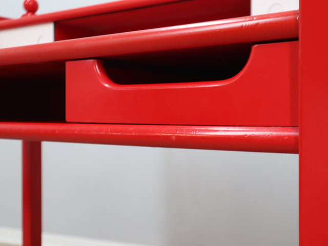 Italian writing desk Cortina series from late 1960s, featuring a distinctive minimal rustic design with clean lines and decorative rounded finials. Its generous proportions and well-conceived structure