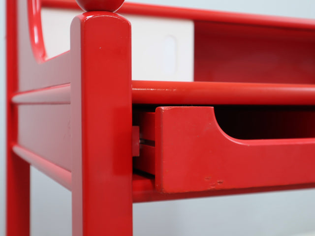 Italian writing desk Cortina series from late 1960s, featuring a distinctive minimal rustic design with clean lines and decorative rounded finials. Its generous proportions and well-conceived structure