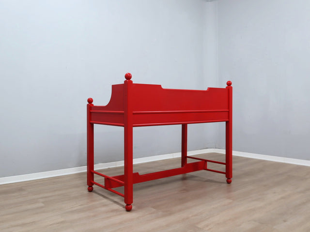 Italian writing desk Cortina series from late 1960s, featuring a distinctive minimal rustic design with clean lines and decorative rounded finials. Its generous proportions and well-conceived structure