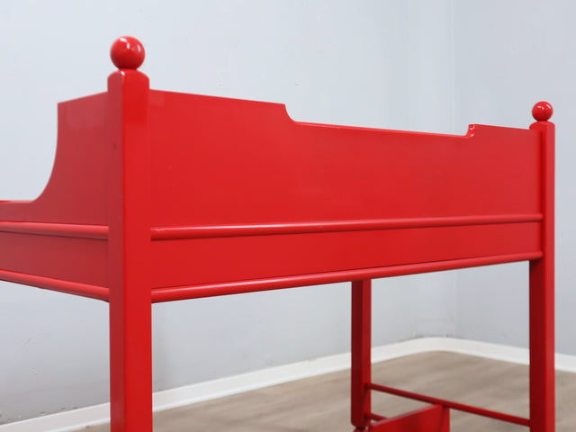 Italian writing desk Cortina series from late 1960s, featuring a distinctive minimal rustic design with clean lines and decorative rounded finials. Its generous proportions and well-conceived structure